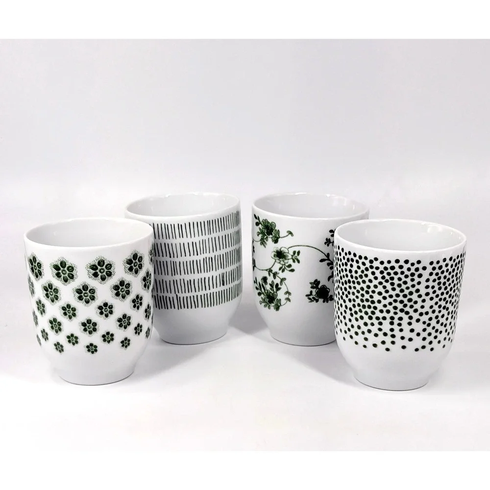 IKEA Entusiasm Mixed Pattern Green Cups Set of 4 Floral Dot Stripe Mugs Tumblers